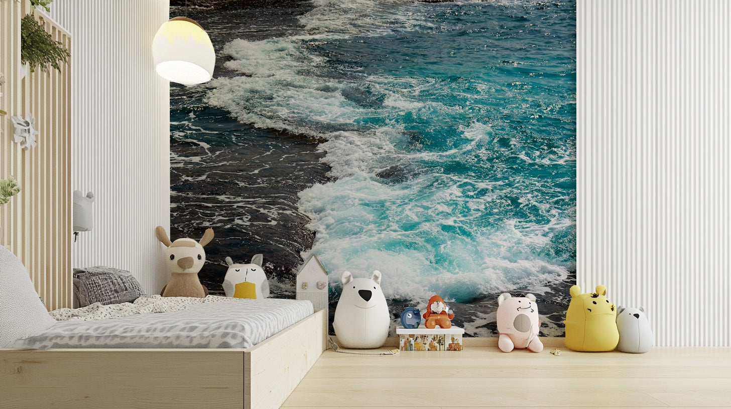 A peaceful open sea mural on decorative wallpaper.

