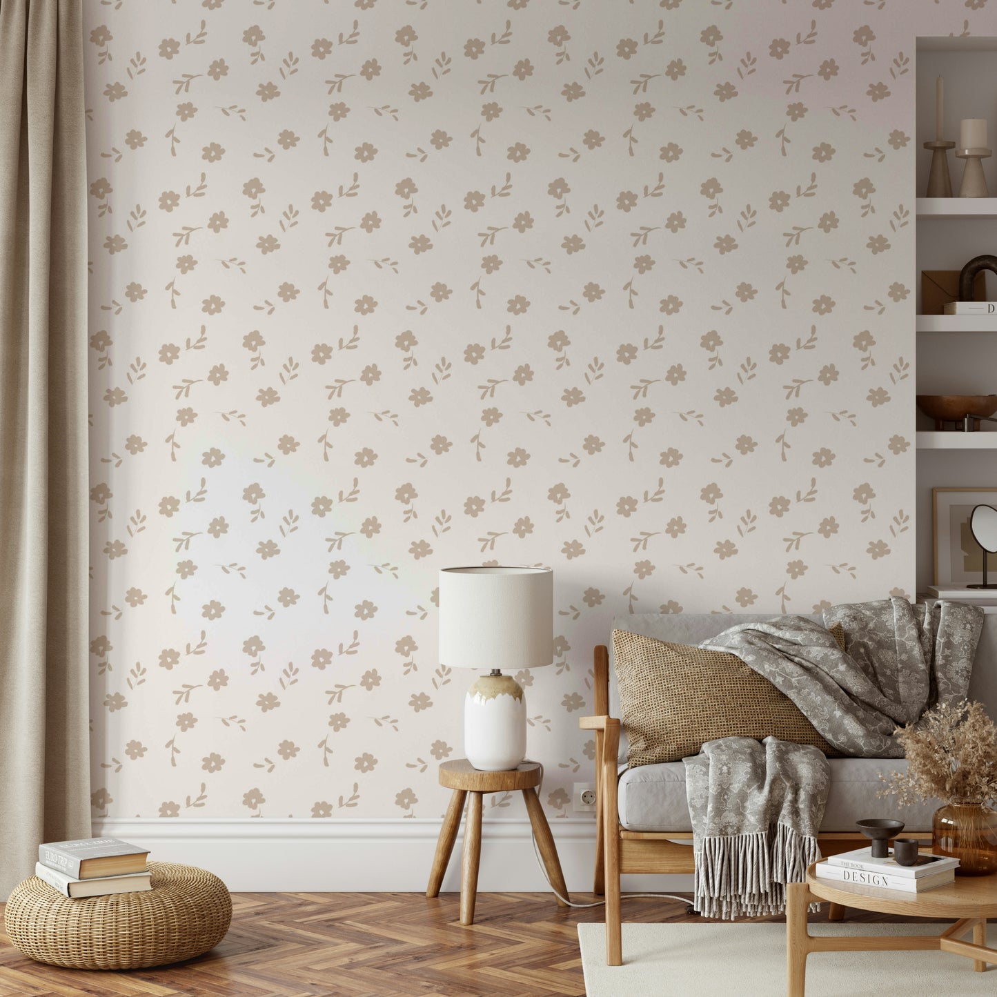 An artistic delicate flower mural on minimalist wallpaper.

