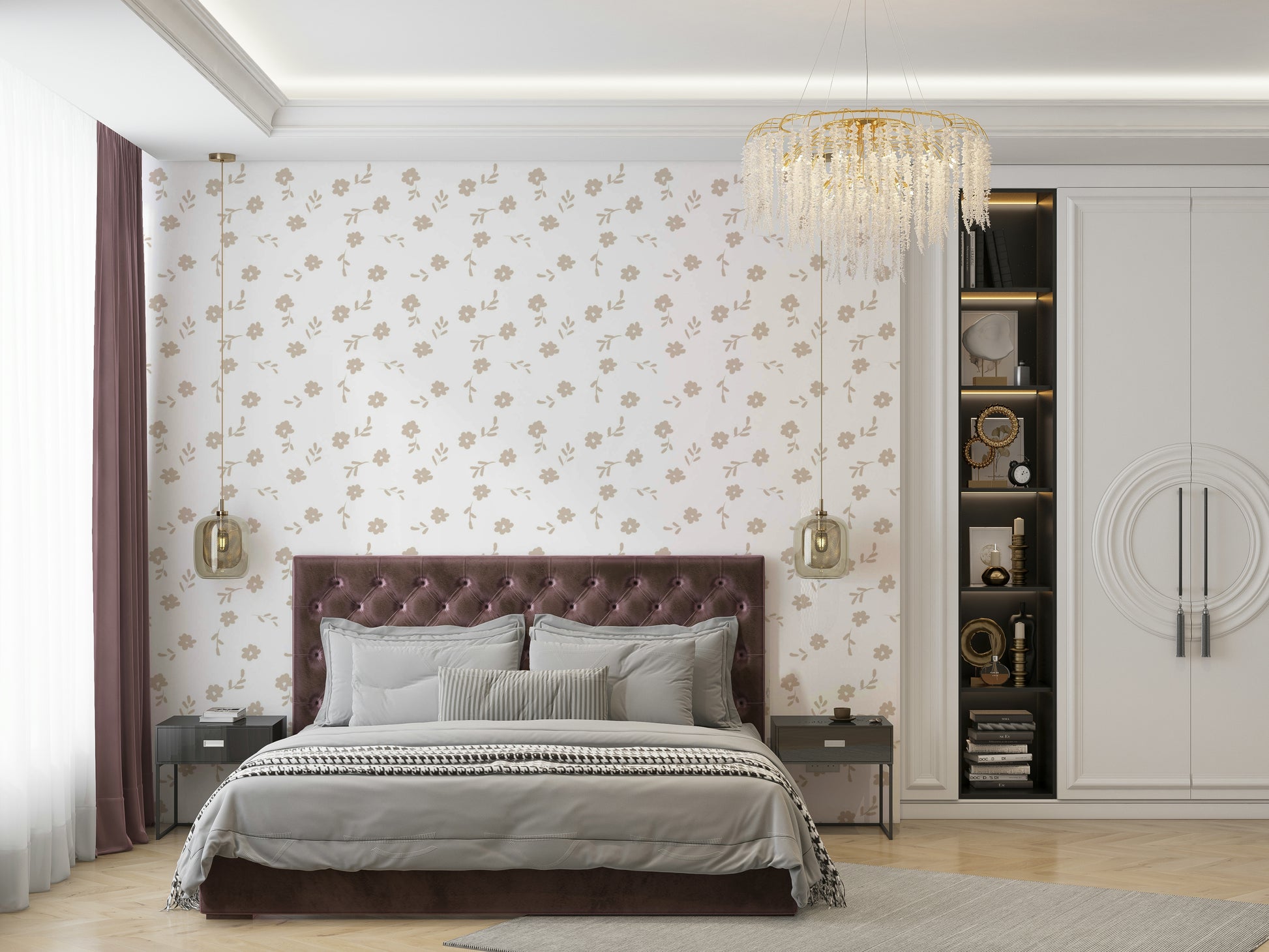 A calming flower petal wallpaper mural that defines a space.

