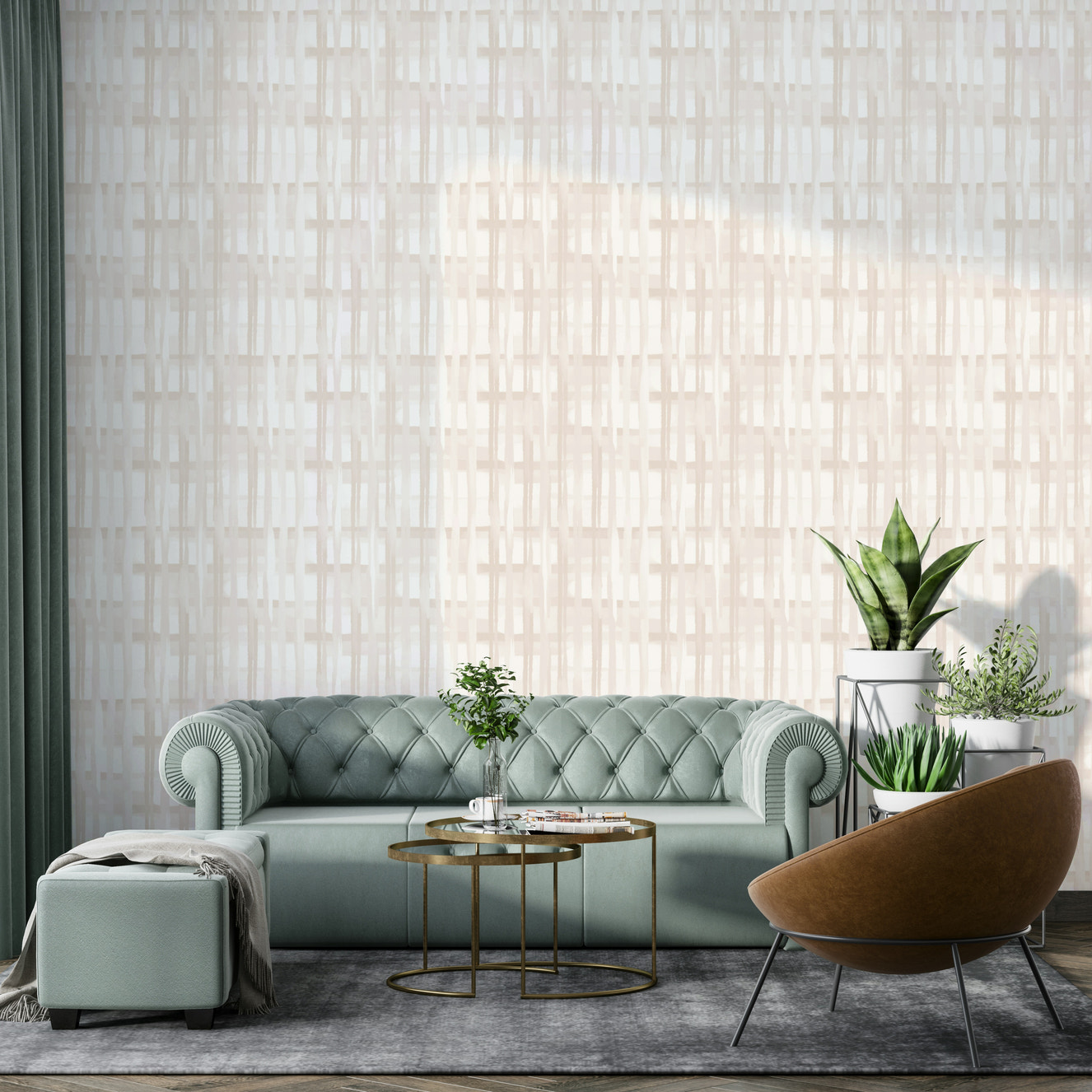 A beautiful neutral plaid wallpaper mural for a modern home.

