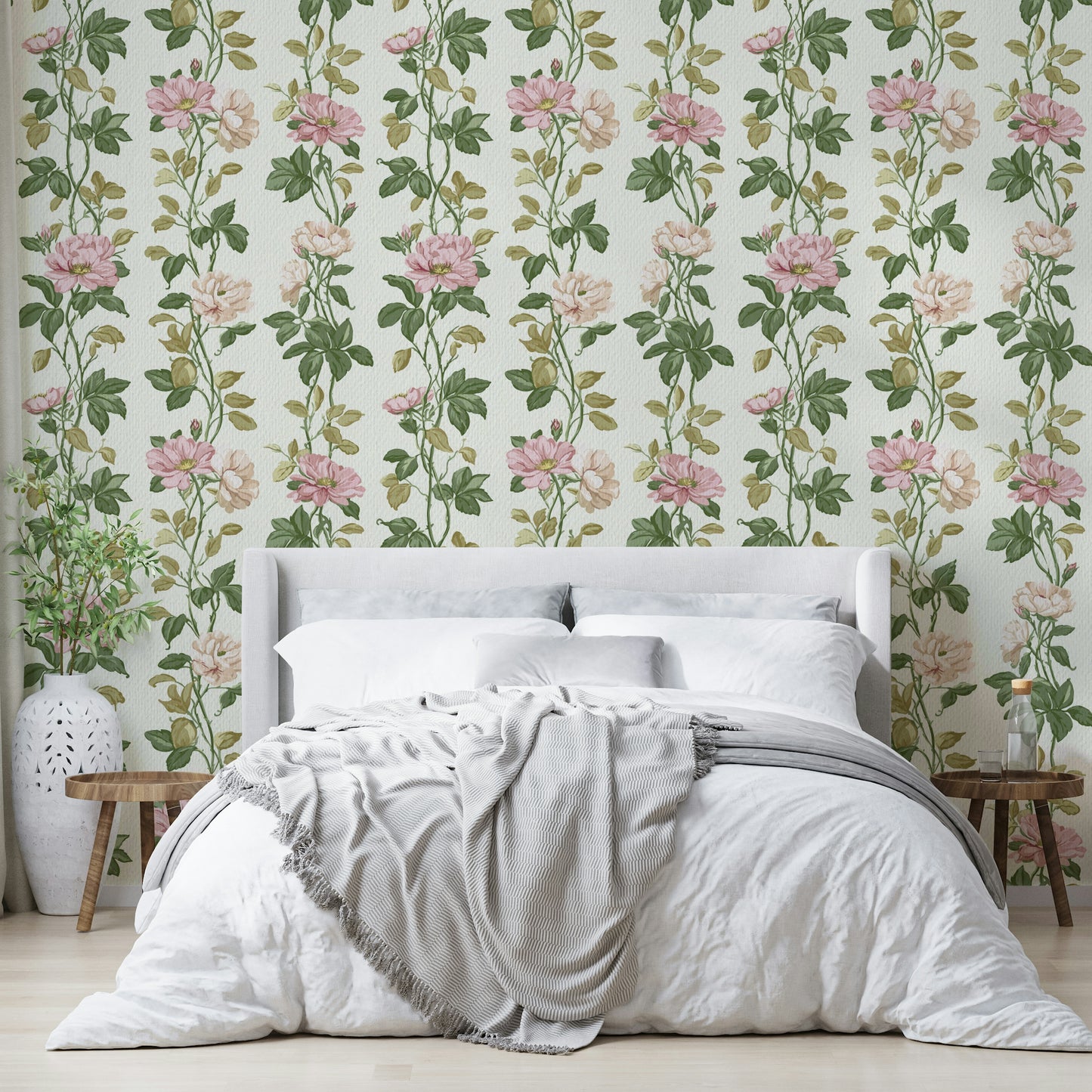 An artistic pink rose mural on minimalist wallpaper.

