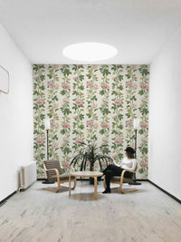A peaceful flower vine mural on decorative wallpaper.

