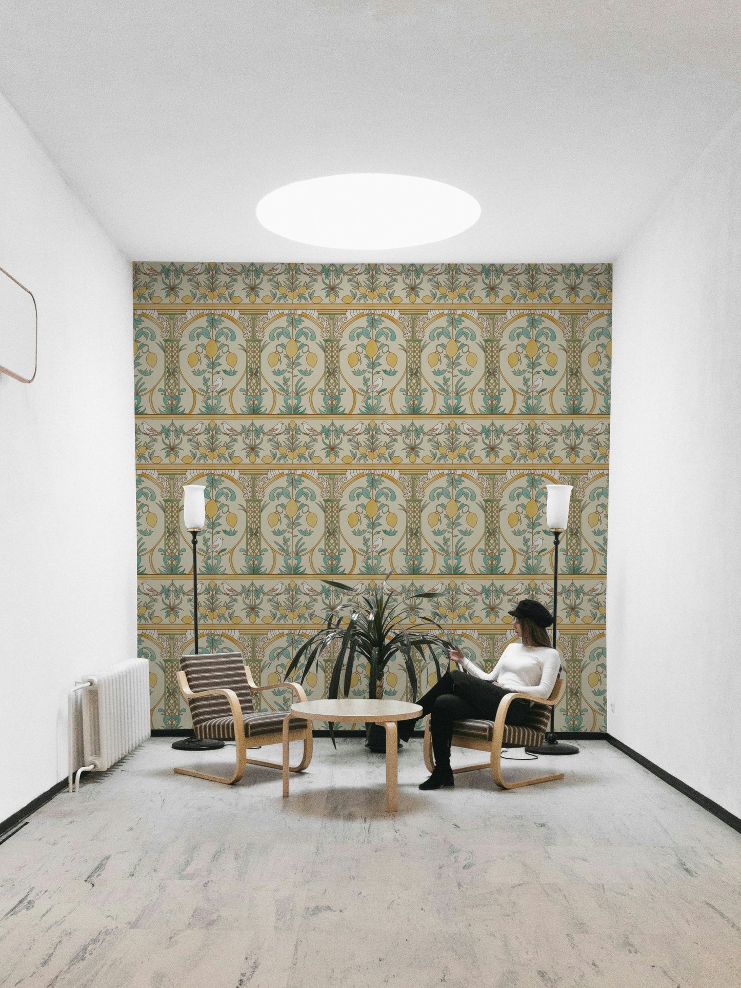 A calming Mediterranean wallpaper mural that defines a space.

