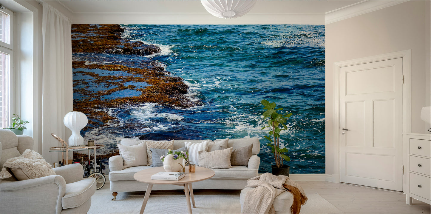 An artistic coastal landscape mural for home decor.

