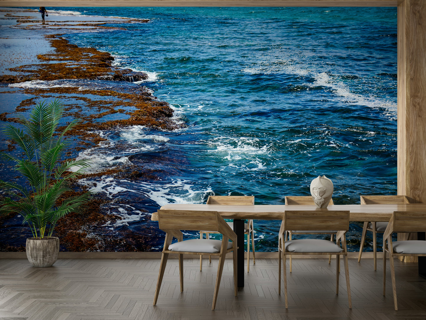 An artistic seaside scene mural on minimalist wallpaper.

