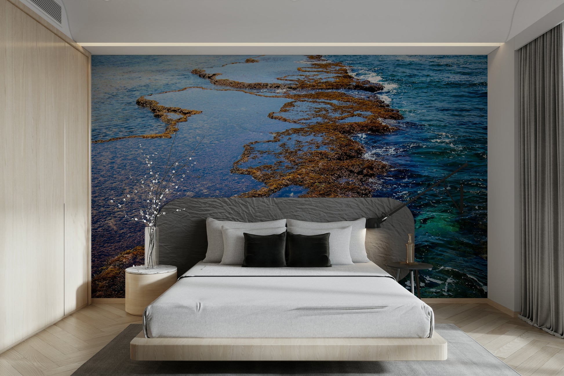 A peaceful seaside view mural on decorative wallpaper.

