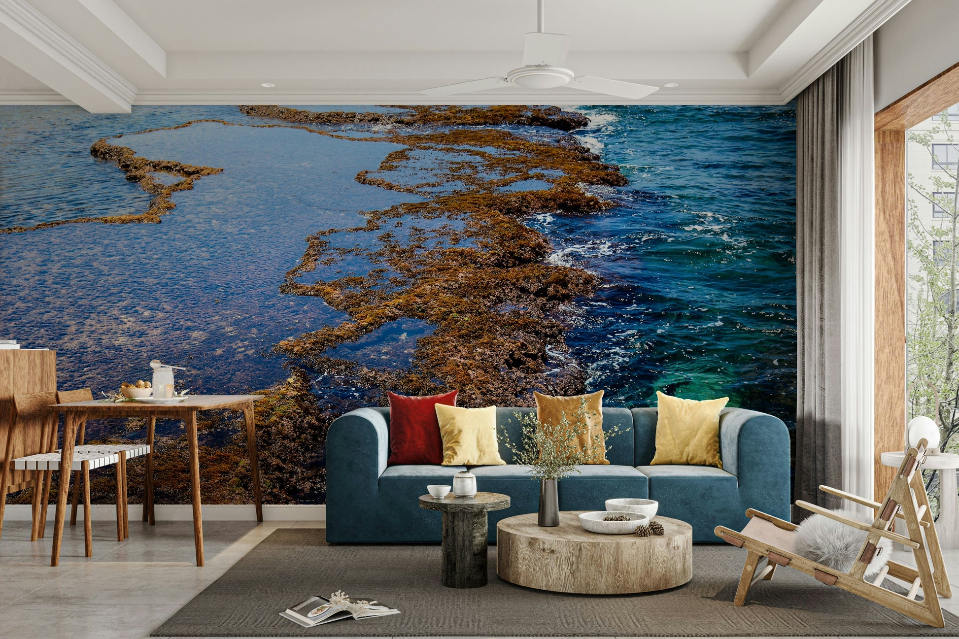 A graceful subtle wave wall mural in cool, natural tones.

