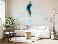 An artistic seaside view mural on minimalist wallpaper.

