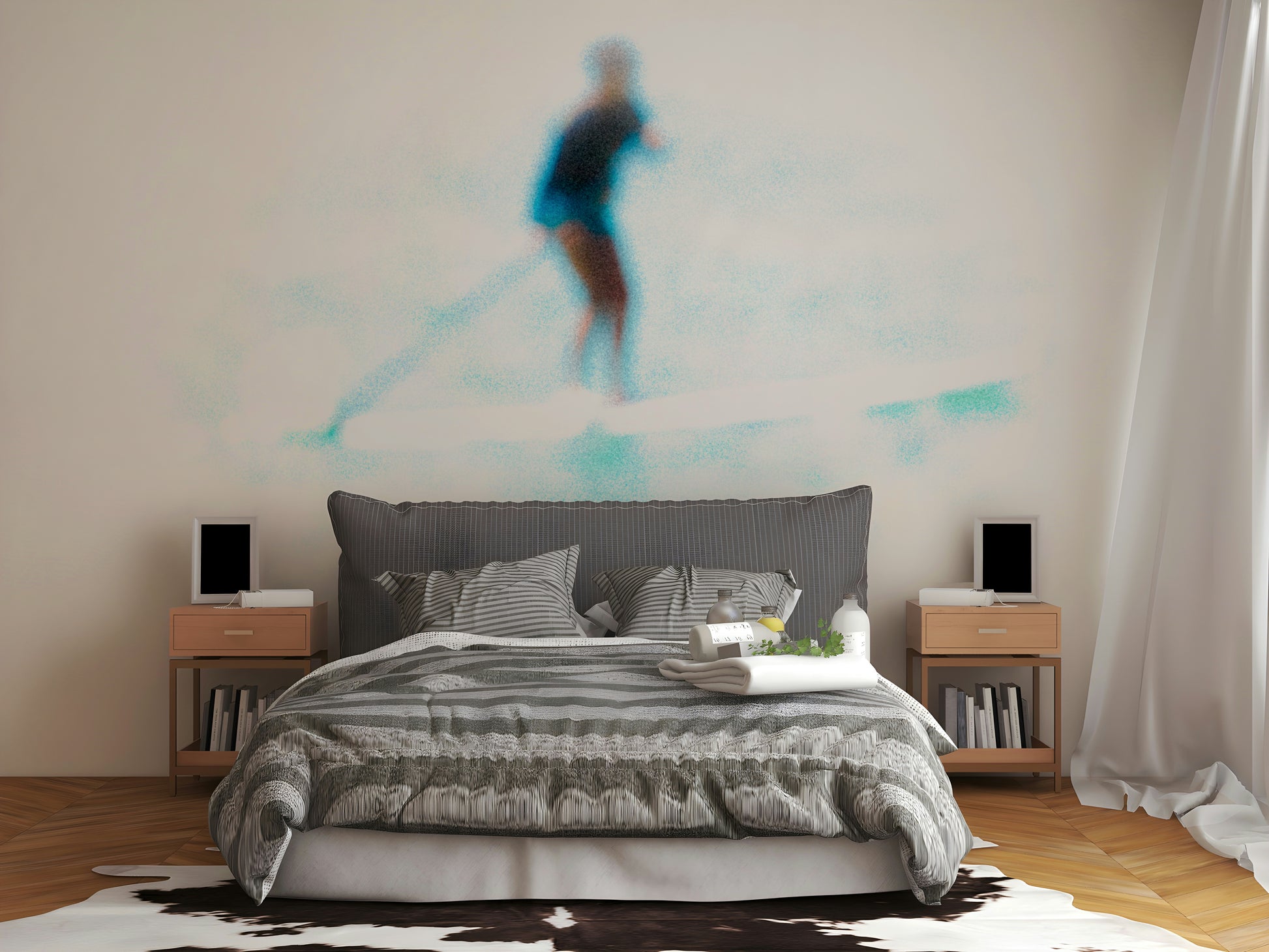 An artistic coastal landscape mural for home decor.

