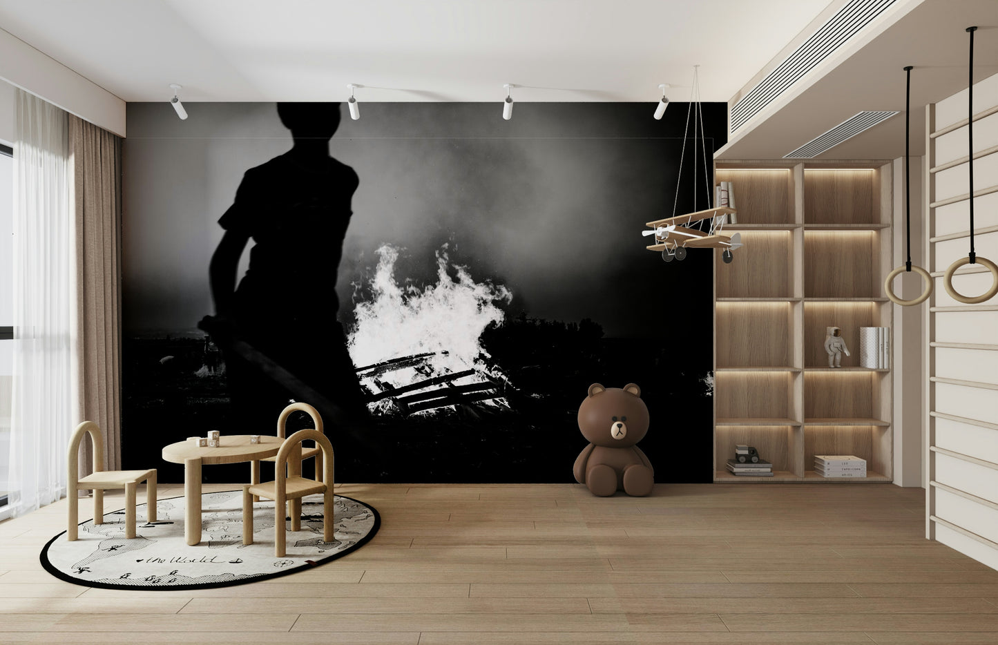 A contemplative bonfire scene wallpaper mural for a feature wall.

