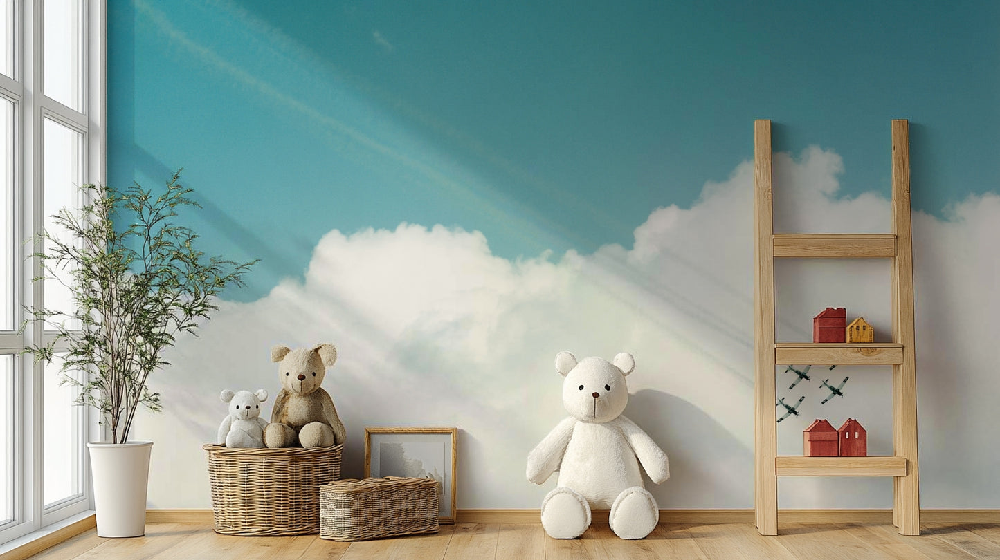 A peaceful vast sky mural on decorative wallpaper.

