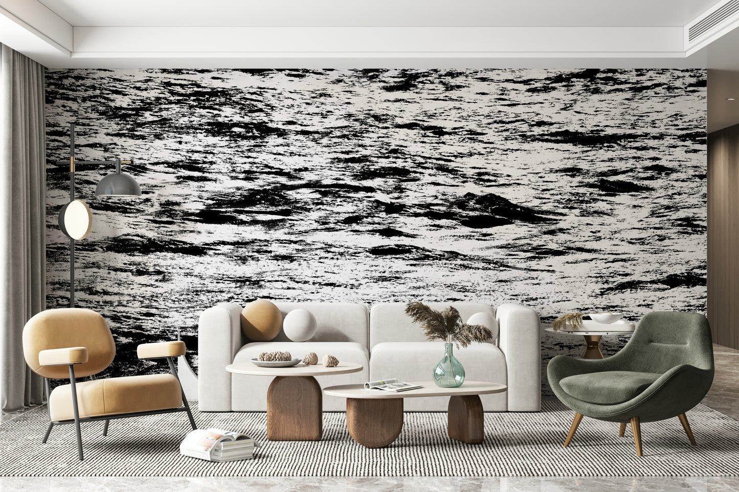 A graceful subtle wave wall mural in cool, natural tones.

