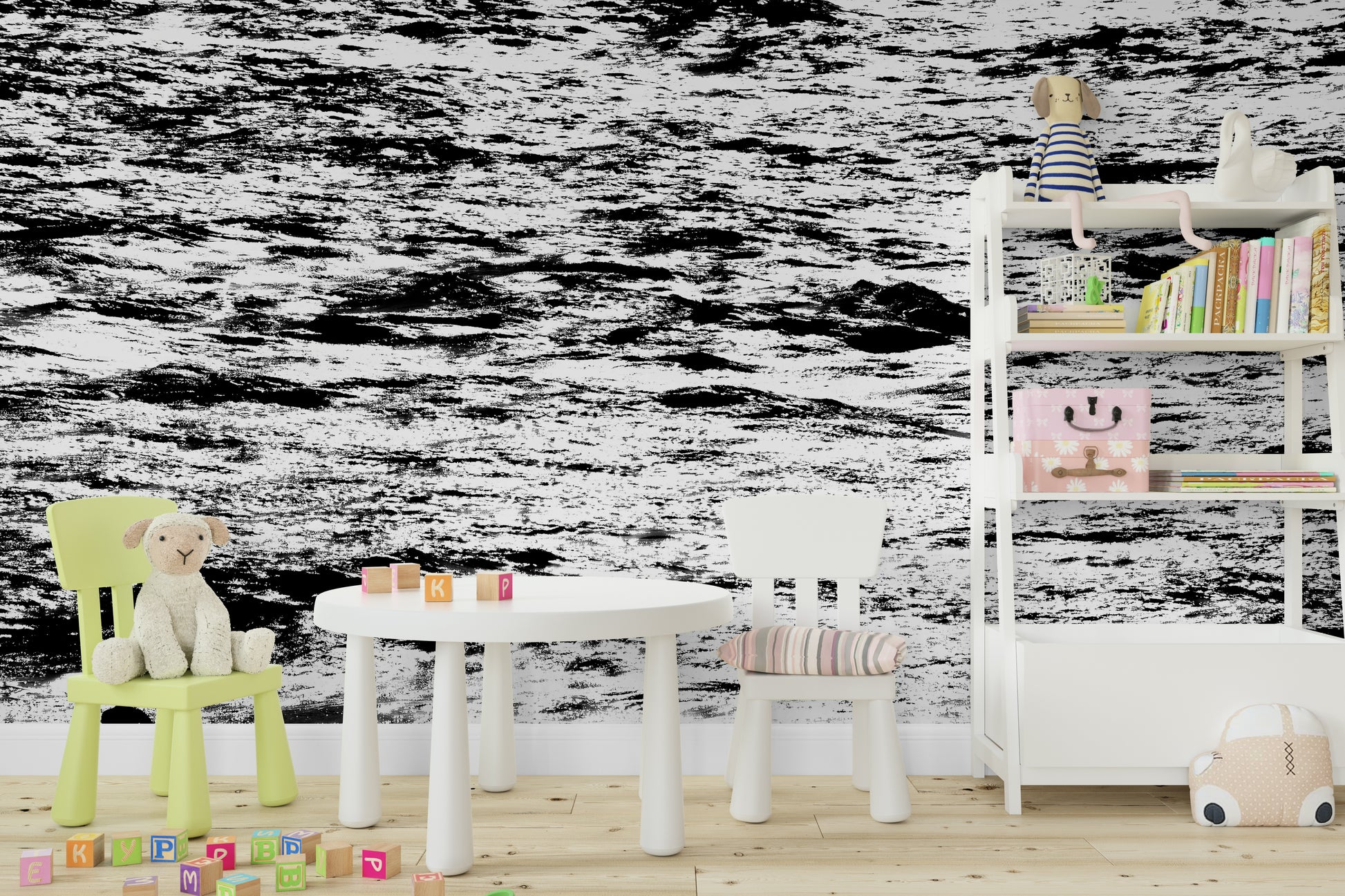 An artistic coastal scene mural on minimalist wallpaper.

