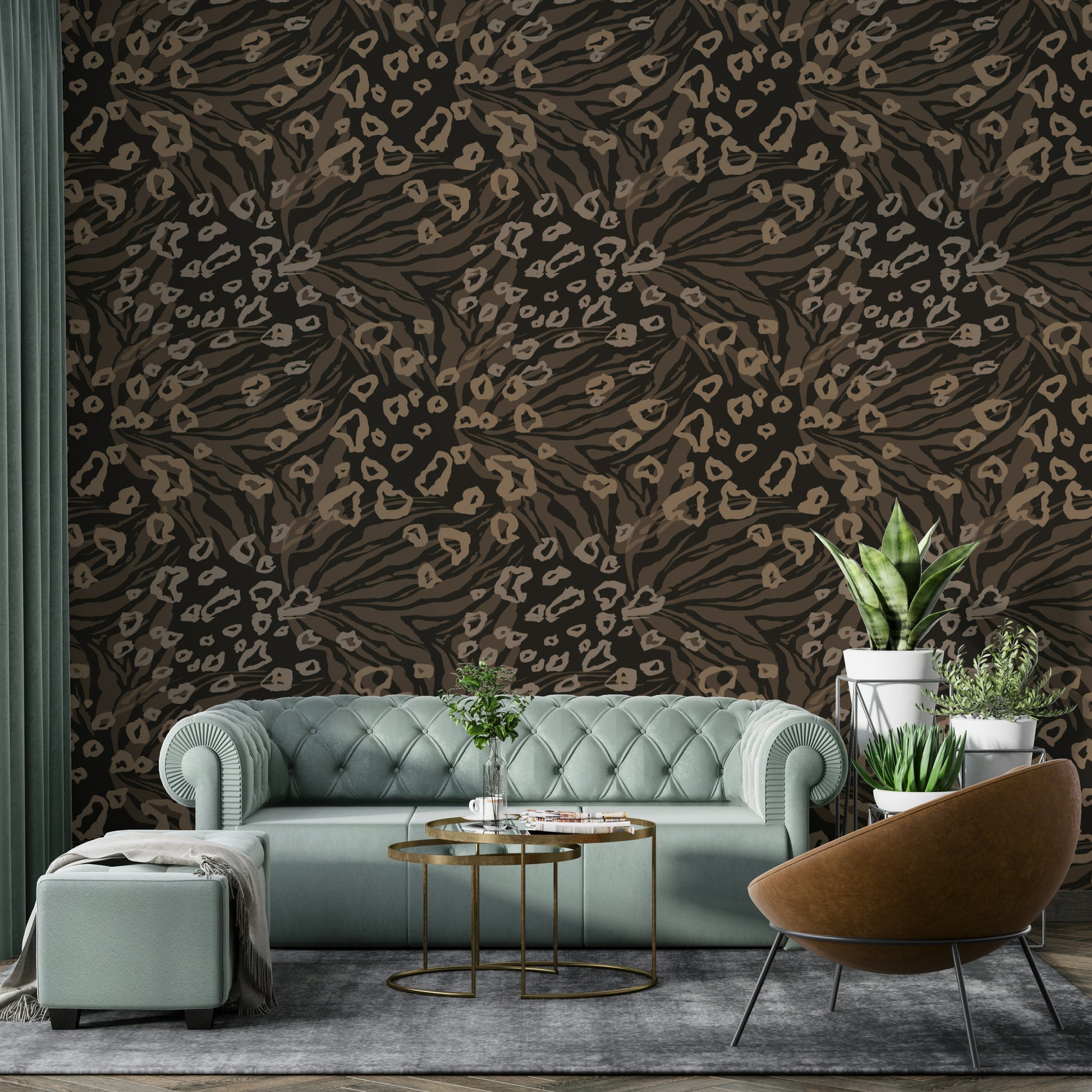 A peaceful tropical jungle mural on decorative wallpaper.

