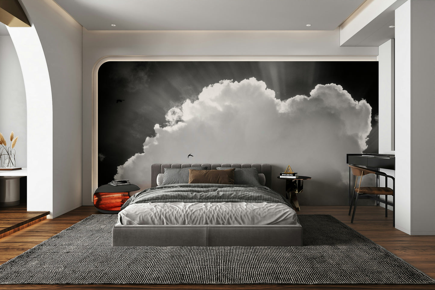 A beautiful modern cloudscape wall mural for a living room.

