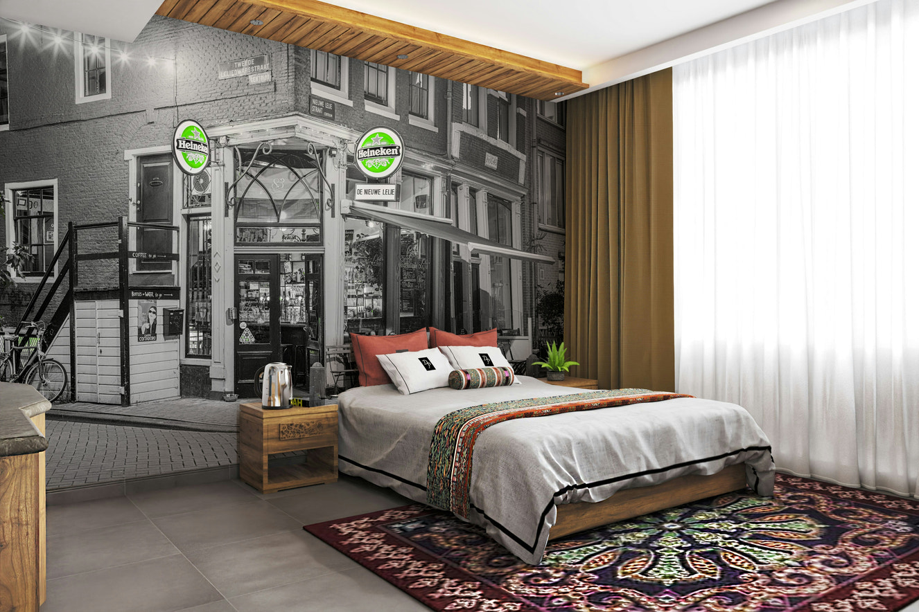 A beautiful Amsterdam cafe wallpaper mural at night.

