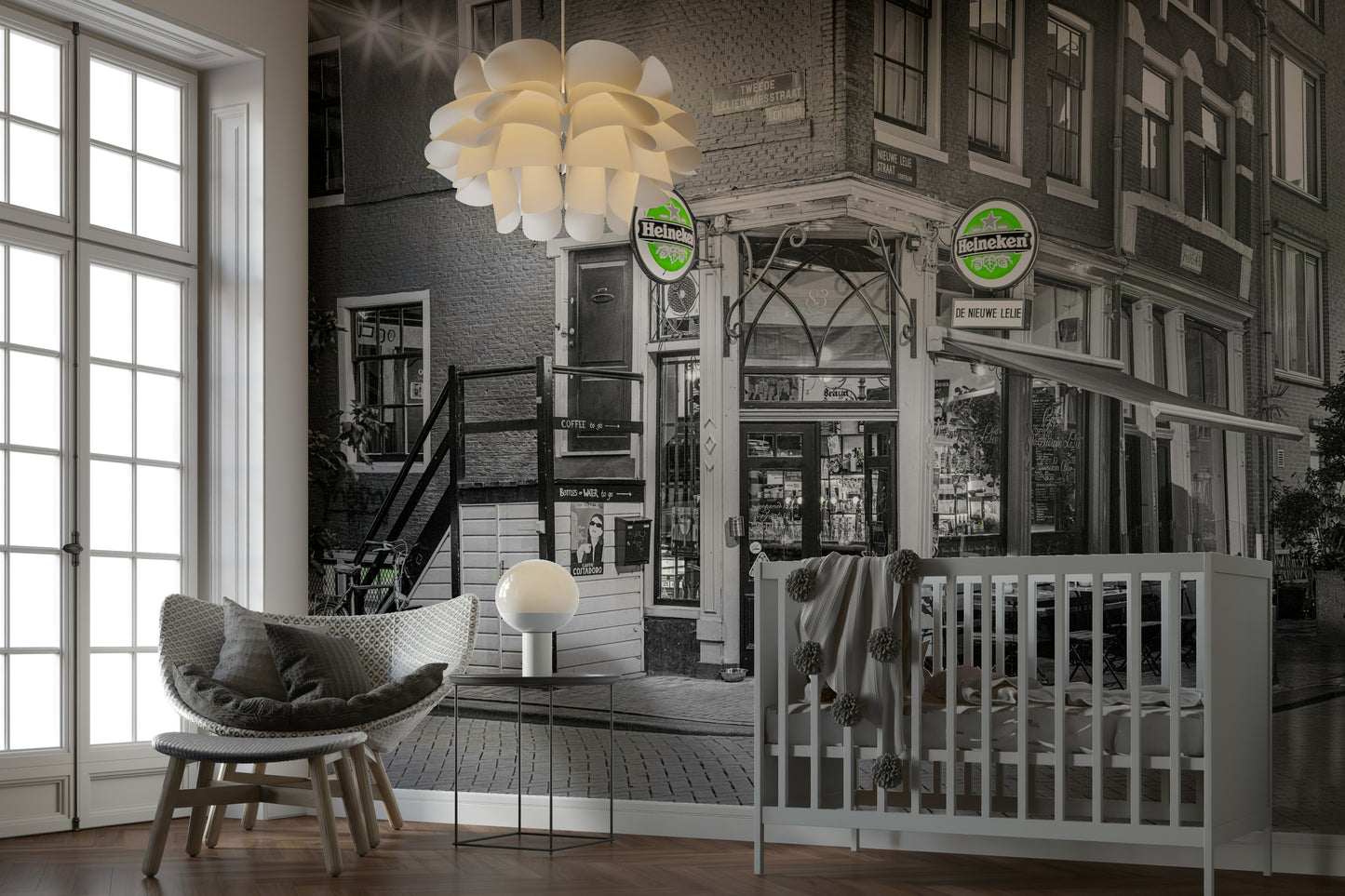 A calming city scene wallpaper mural that defines a space.

