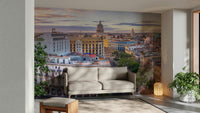 A peaceful urban view mural on decorative wallpaper.

