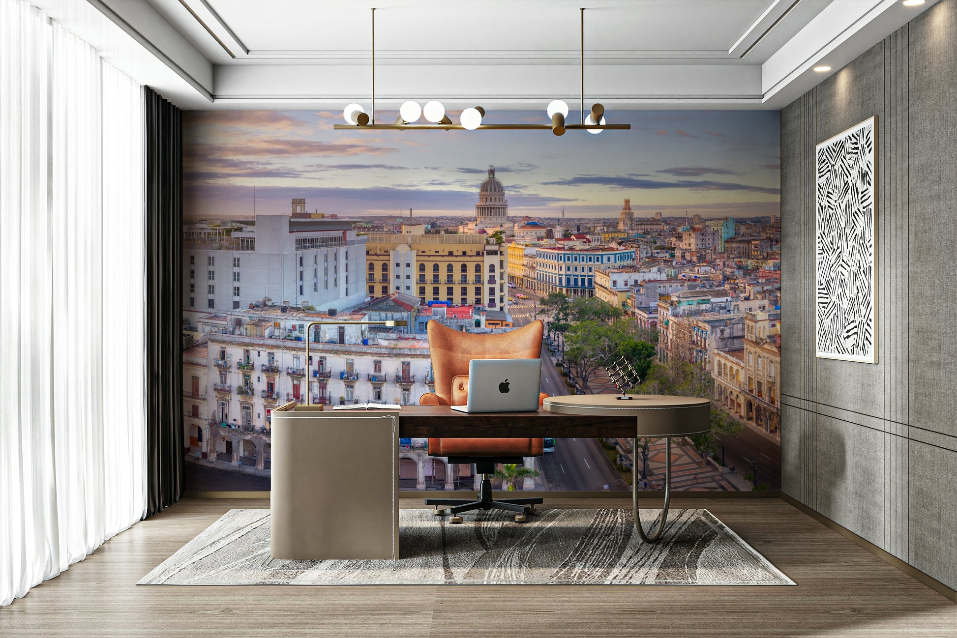 A calming colorful city wallpaper mural that defines a space.

