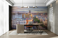 A calming colorful city wallpaper mural that defines a space.


