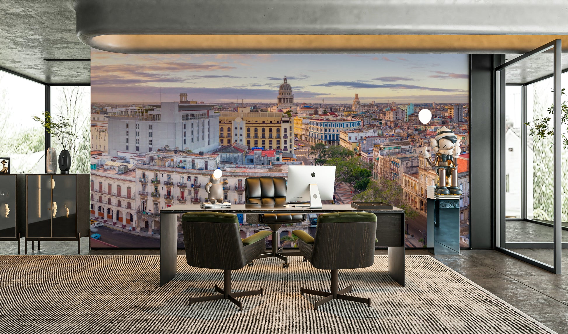 A graceful subtle city wall mural in bright, bold tones.

