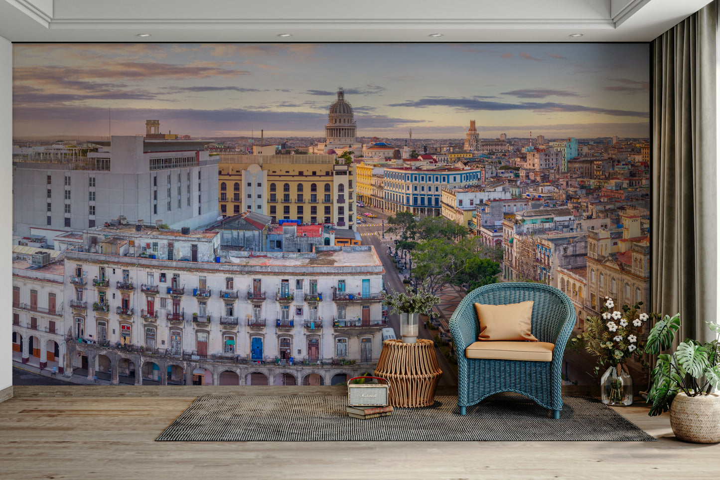 A serene panoramic city wall mural for vibrant decor.

