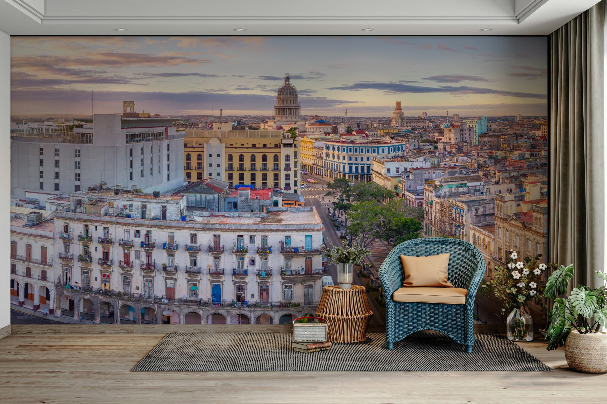 A serene panoramic city wall mural for vibrant decor.

