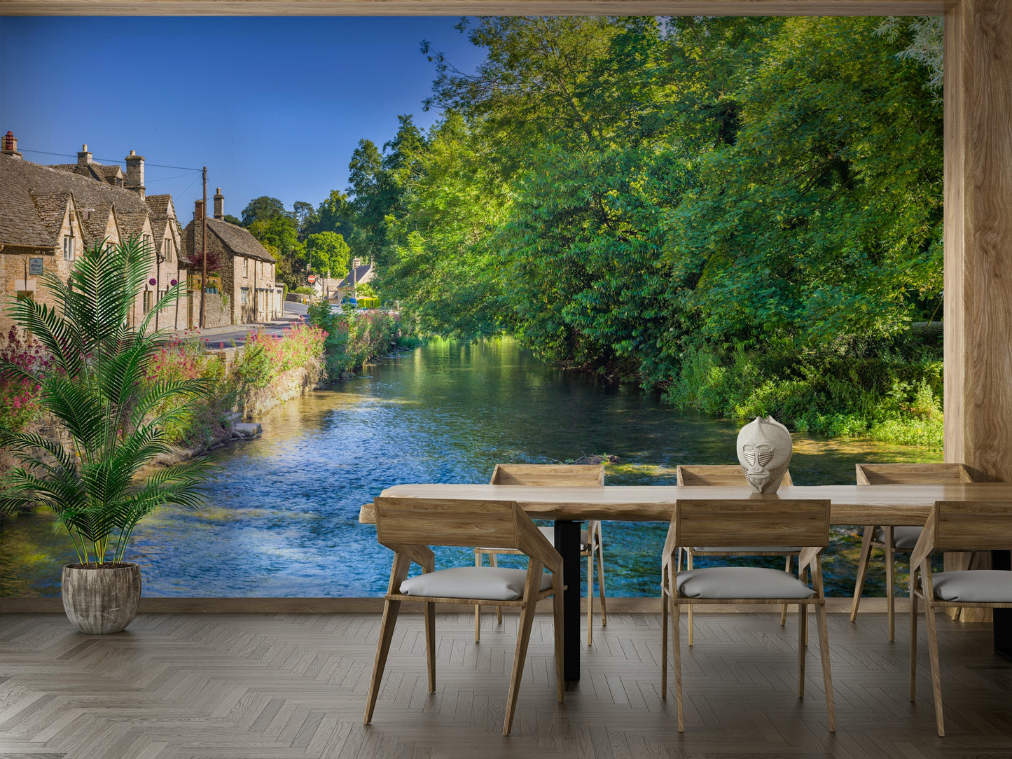An artistic Bibury stream mural on minimalist wallpaper.

