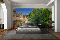 A peaceful Cotswold village mural on decorative wallpaper.

