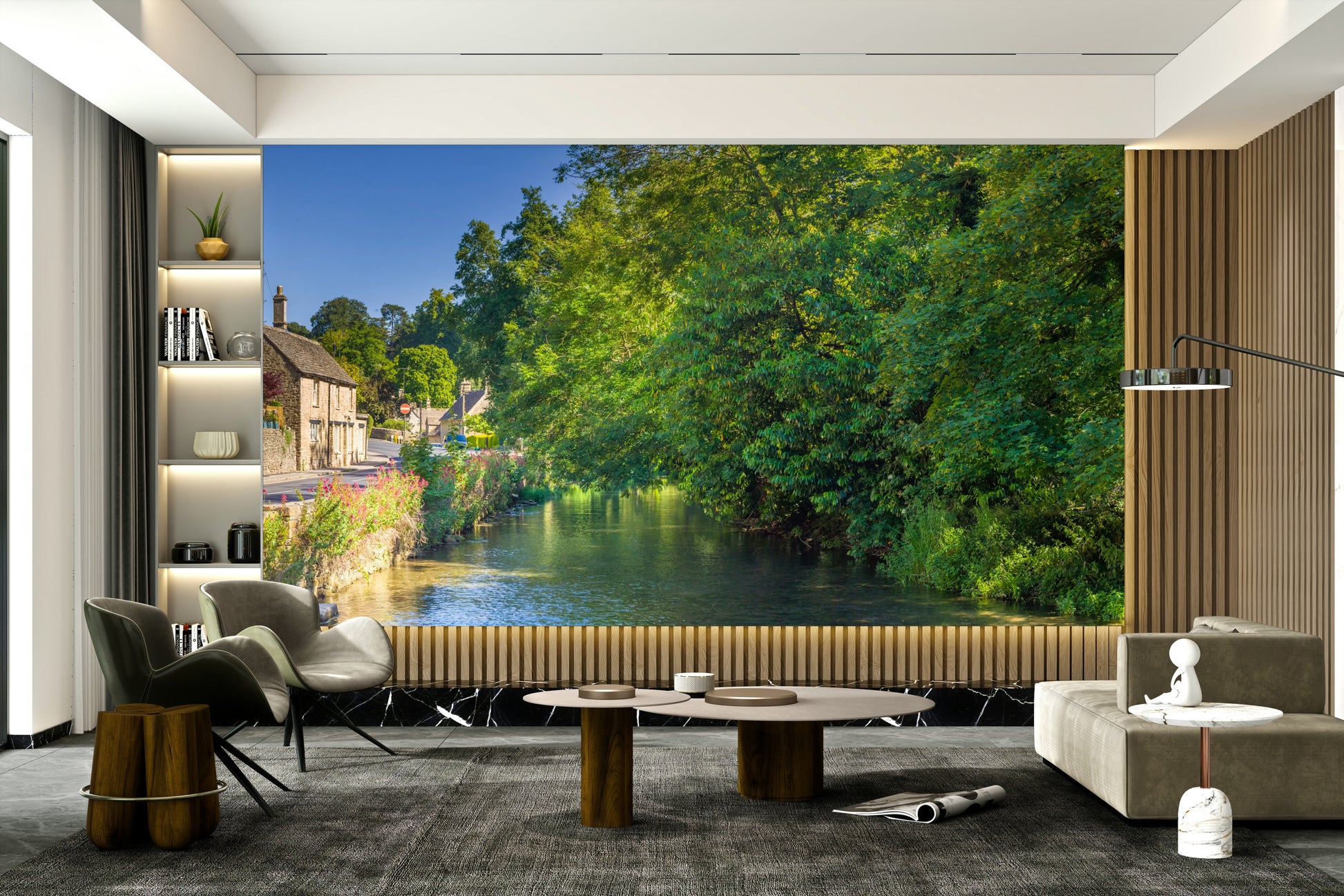 A calming serene stream wallpaper mural that defines a space.

