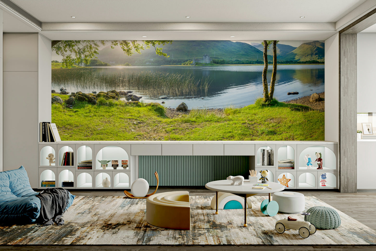 A graceful subtle mountain wall mural in cool, natural tones.

