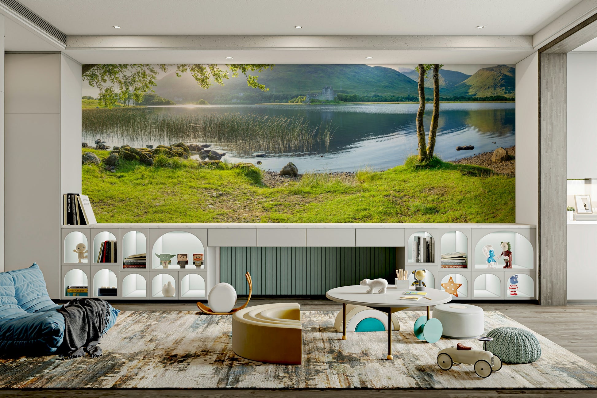 A graceful subtle mountain wall mural in cool, natural tones.

