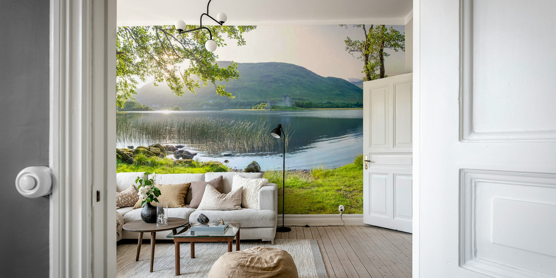 A calming serene mountain wallpaper mural that defines a space.

