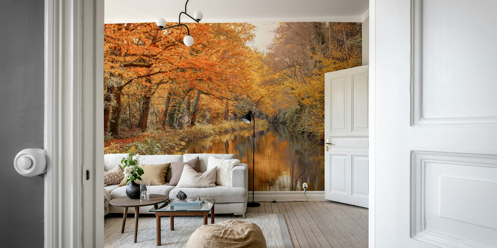 An artistic autumn scene mural on minimalist wallpaper.

