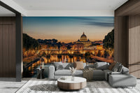 An artistic Roman skyline mural on minimalist wallpaper.

