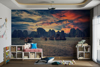 A peaceful exotic landscape mural on decorative wallpaper.

