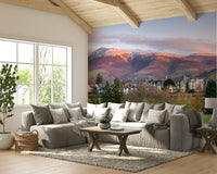 An artistic mountain lake mural on scenic wallpaper.

