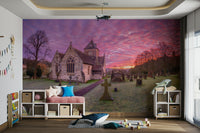 A calming serene town wallpaper mural that defines a space.

