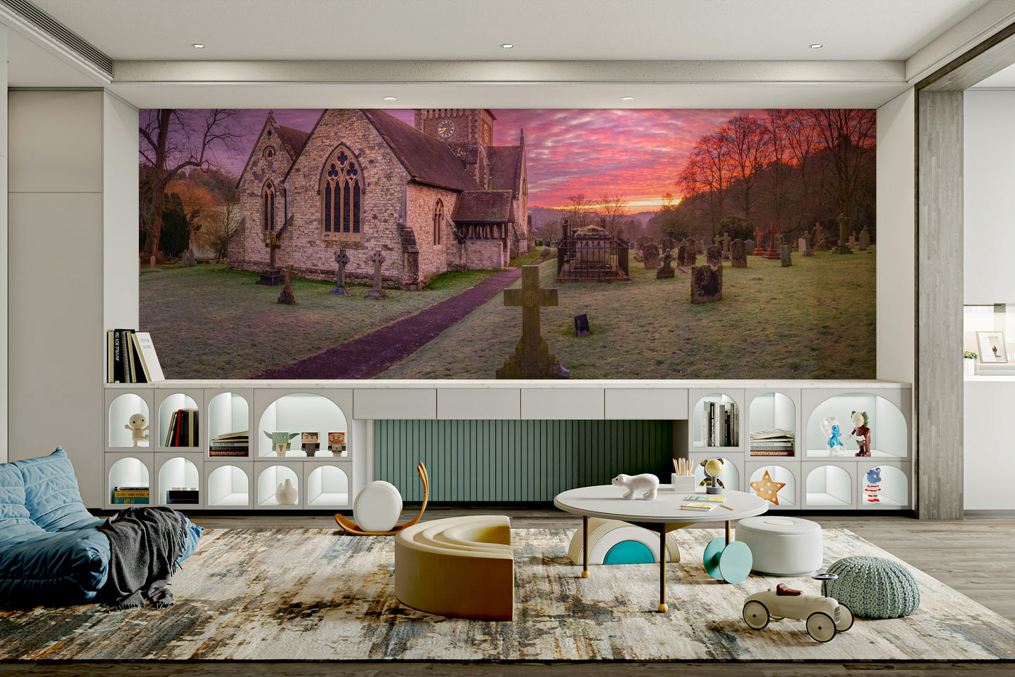 A peaceful historic church mural on decorative wallpaper.

