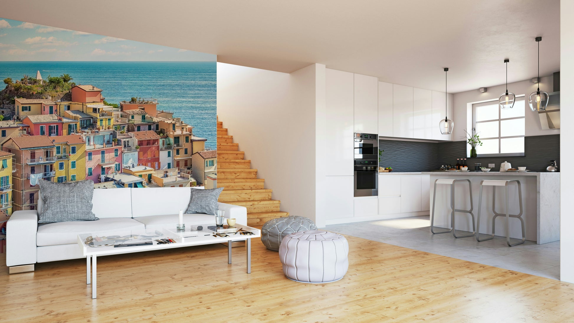 A peaceful waterfront view mural on decorative wallpaper.

