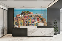 A beautiful coastal village wallpaper mural with quaint houses.

