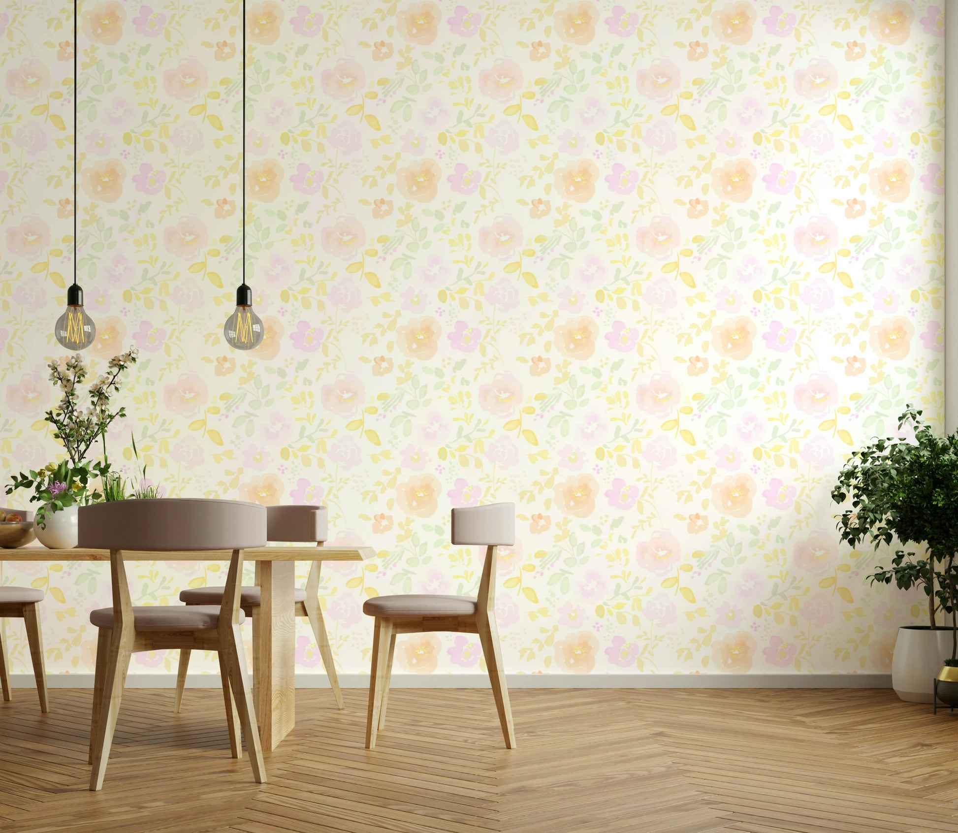 A calming floral design wallpaper mural that defines a space.

