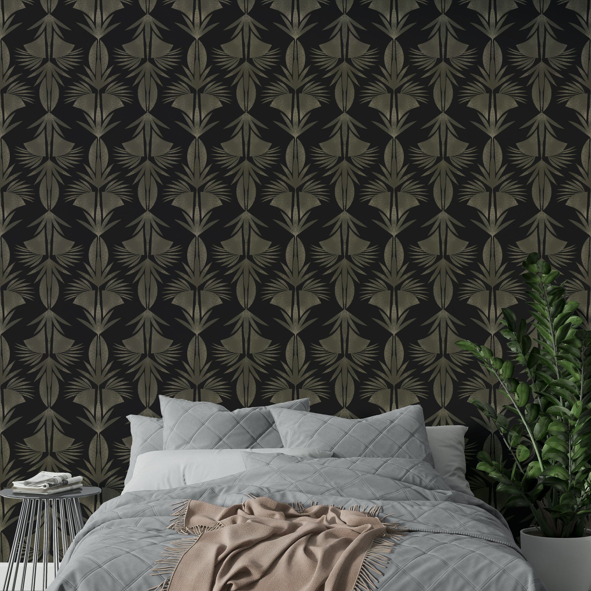 A calming foliage design wallpaper mural that defines a space.

