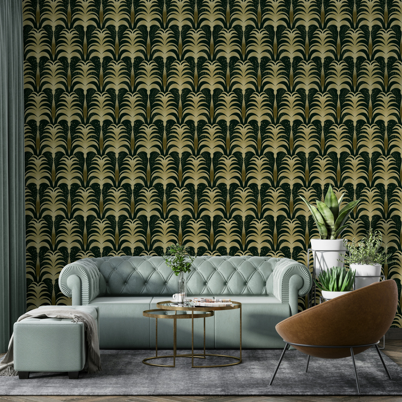 A beautiful vintage palm leaf wallpaper mural for a luxury home.

