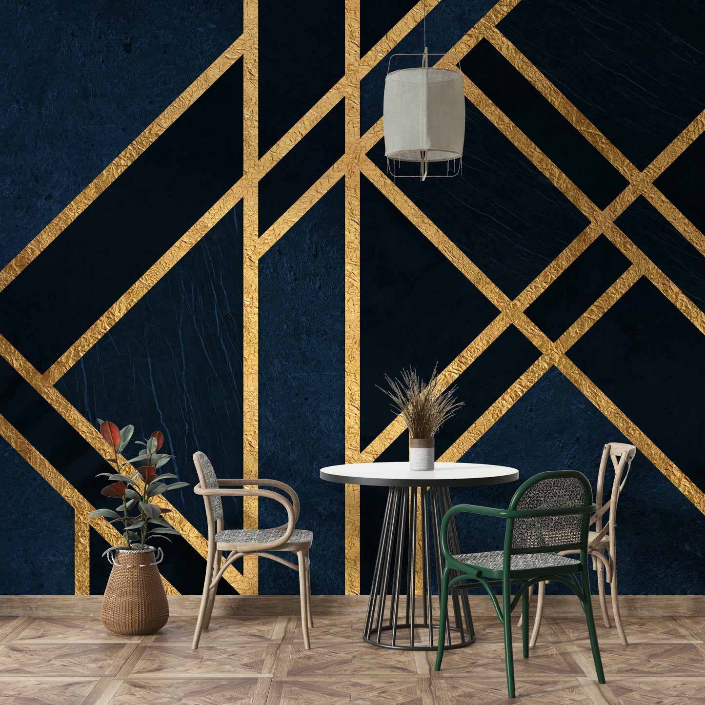 A beautiful modern geometric wall mural for a living room.

