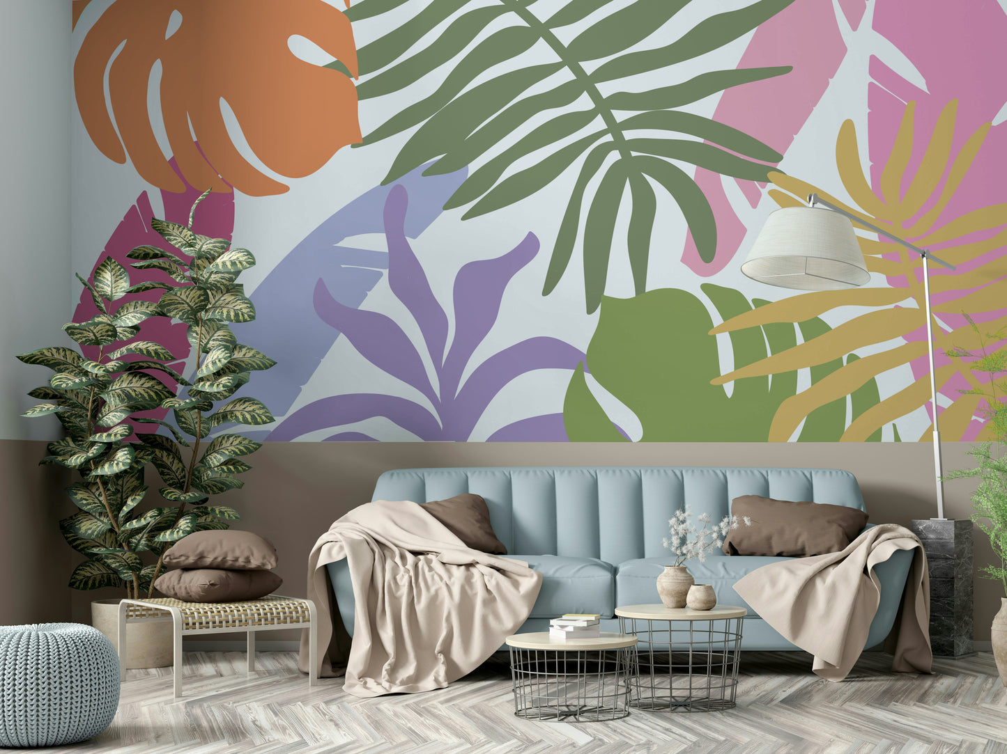 A graceful subtle bloom wall mural in cool, natural tones.

