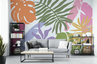 A calming foliage design wallpaper mural that defines a space.

