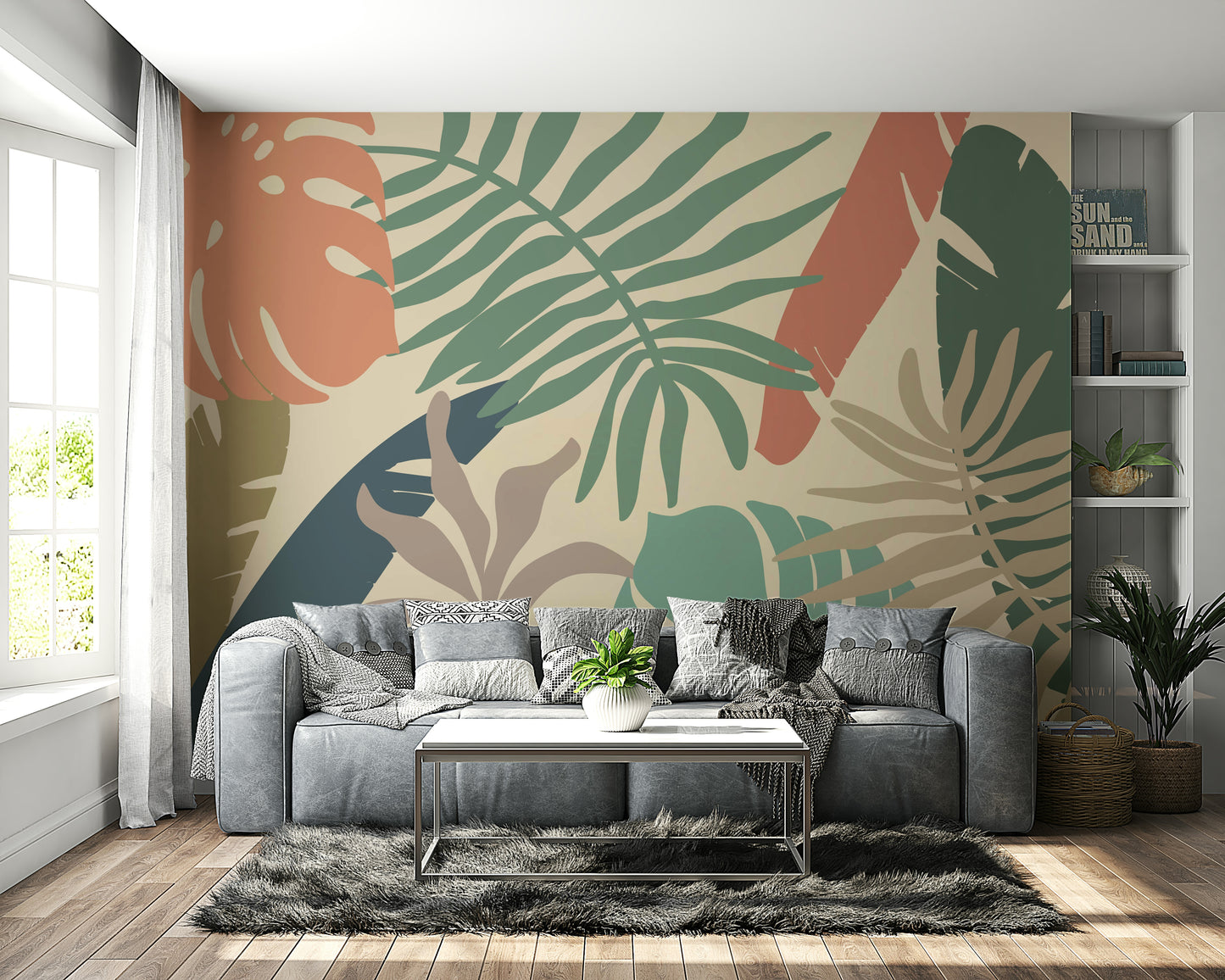 A beautiful earthy jungle wallpaper mural with lush foliage.

