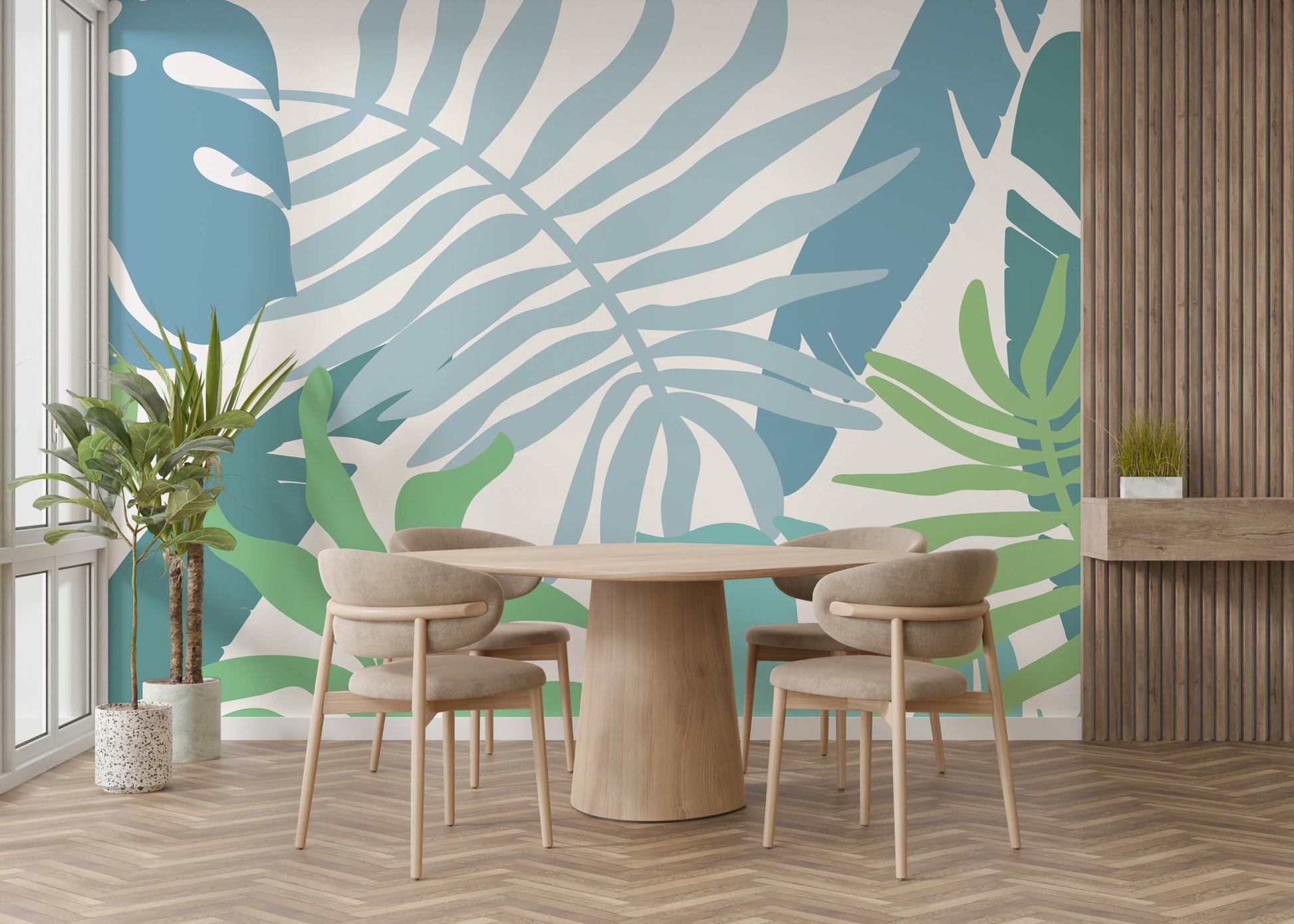 A contemplative leaf design wallpaper mural for a feature wall.

