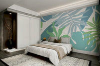 A peaceful blue and white mural on decorative wallpaper.

